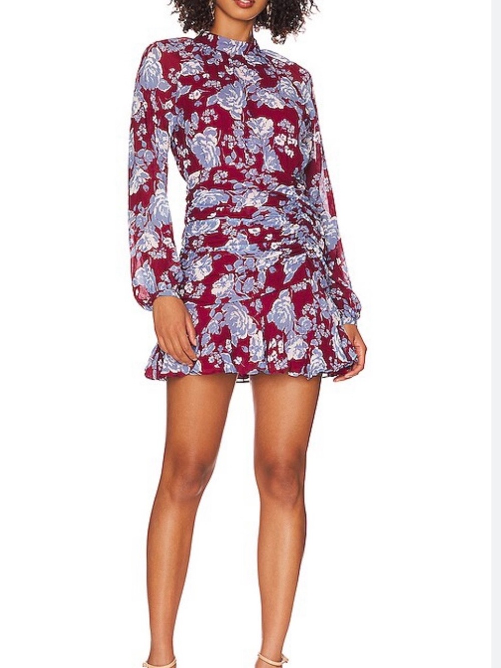 Yumi Kim Burgundy Floral Long-Sleeve Mini Dress with Light Blue Print